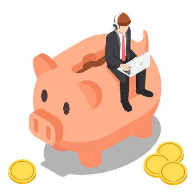 Isometric graphic of a person in a suit sitting on a giant piggy bank