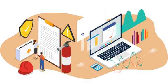 COSHH risk assessment and laptop isometric graphic