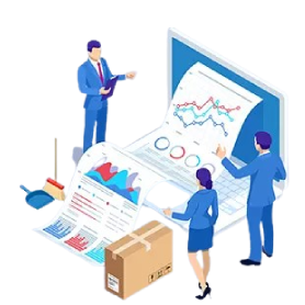 Isometric graphic of a laptop, with printing coming out of the screen showing graphs, and business people stood beside it analysis the data.