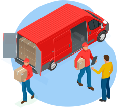 Isometric graphic of a red van and drivers delivering parcels