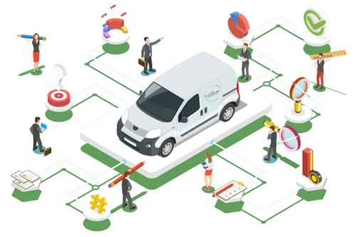Van surrounded by clients