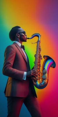 Computer-generated image of a man playing saxophone in front of a bright coloured background