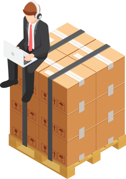Geometric graphic of a man sat on a pallet full with boxes