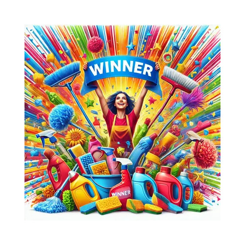 Cartoon of a lady holding a 'winner' banner in the air