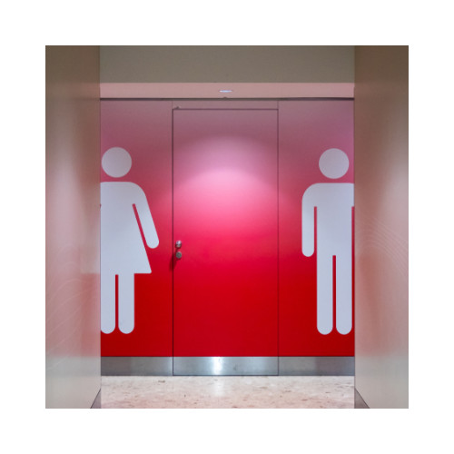 Red washroom entrances to the mens and ladies