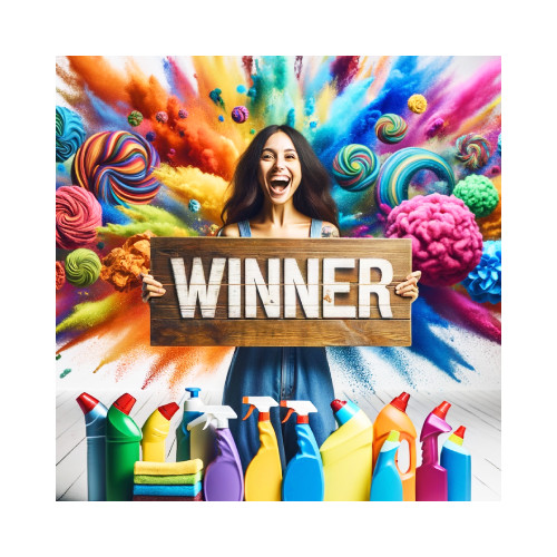 Colourful cleaning products behind lady holding winner sign