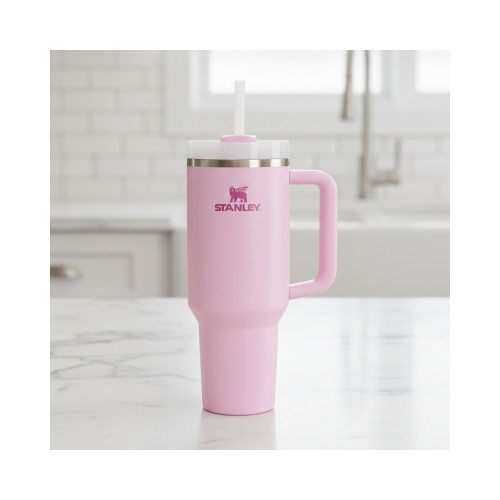 Pink Stanley reuseable cup in a modern kitchen