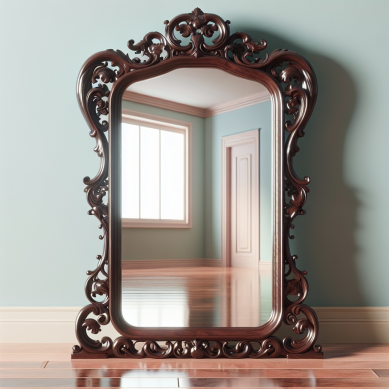 Ornate mirror leant against a blue wall