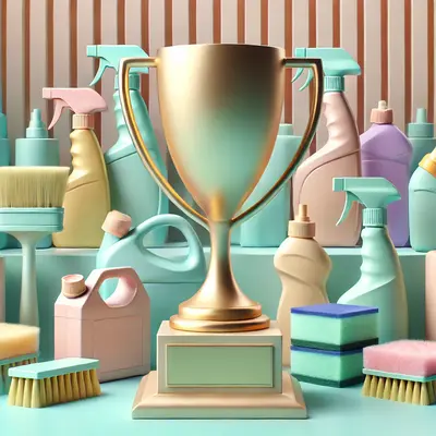 A 3D model of a trophy surrounded by cleaning products in pastel colours