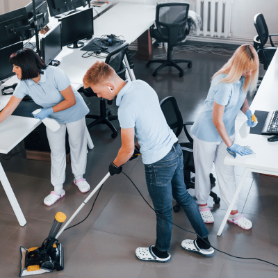 Three people engaging in workplace cleaning