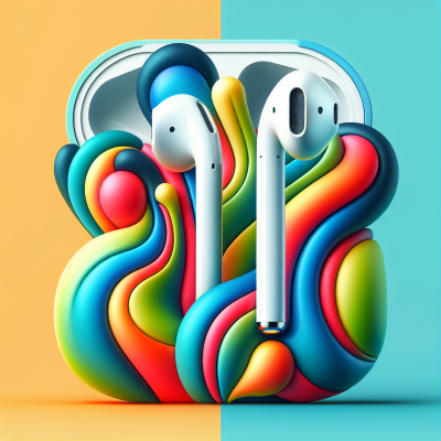 AirPods with apstel blue and yellow background
