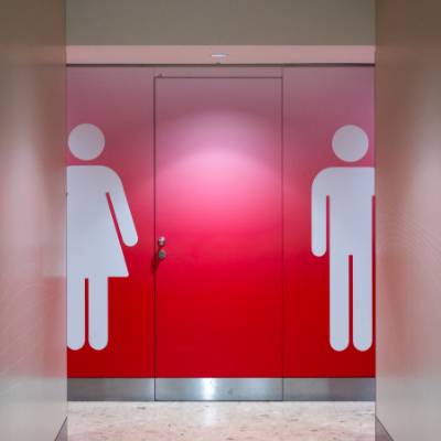 Red washroom entrances to the mens and ladies