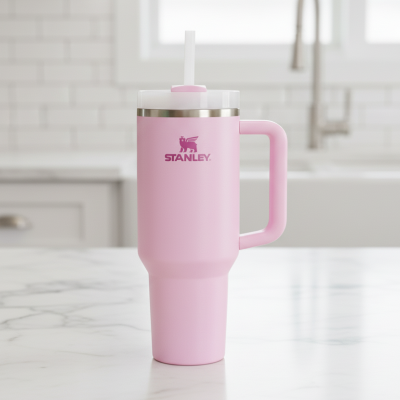Pink Stanley reuseable cup in a modern kitchen