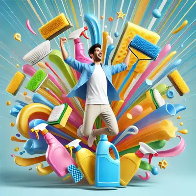 Guy jumping with joy in front of a colourful explosion of cleaning products