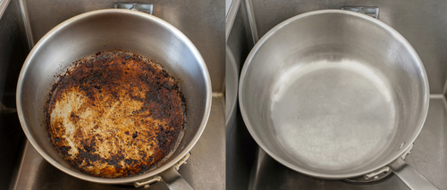 Burnt saucepan before and after