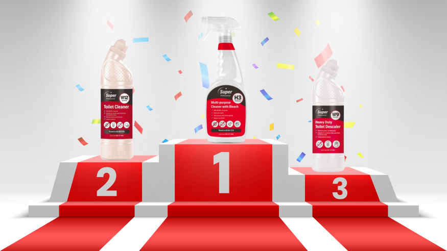 A podium showing 3 top cleaning products for businesses