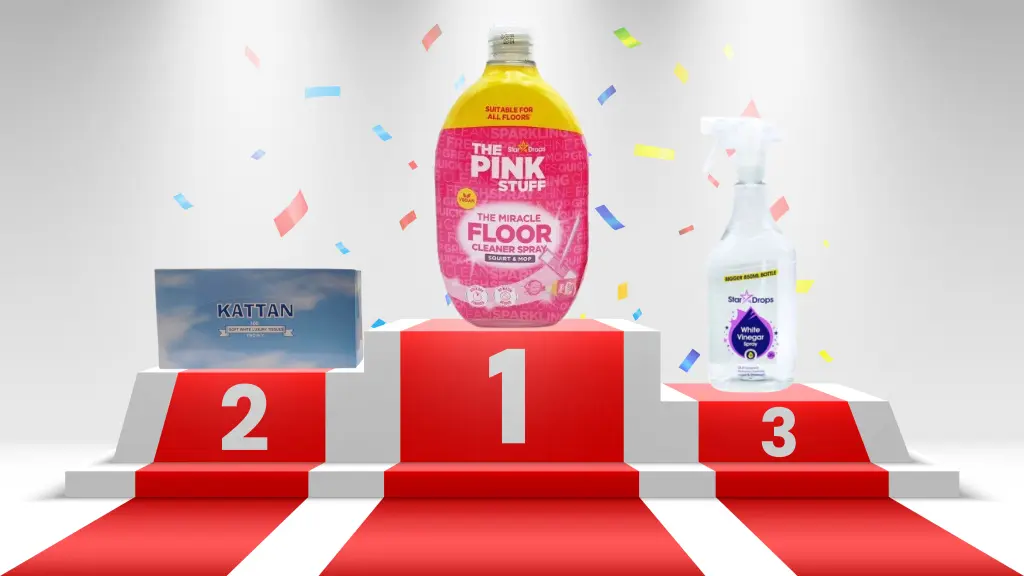 A podium showing 3 top household cleaning products