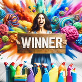 Lady holding a 'winner' sign stood behind cleaning products