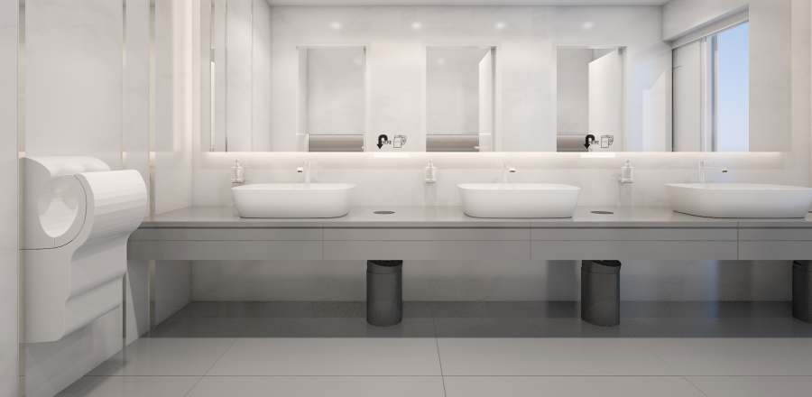 Public toilet sinks and hand dryer