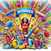 Lady stood behind a group of cleaning products holding a 'Winner' banner up above her head