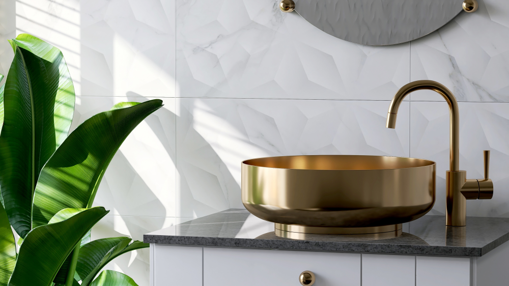 Bathroom sink with brass sink and taps