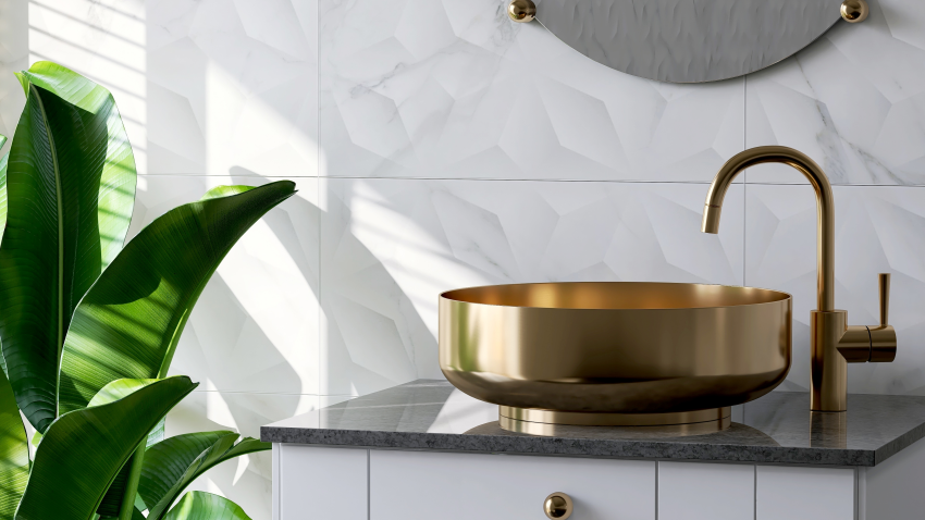 Bathroom sink with brass sink and taps