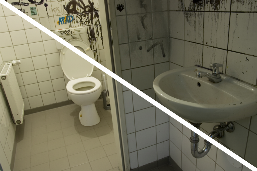 Half a dirty washroom, half a clean washrooom