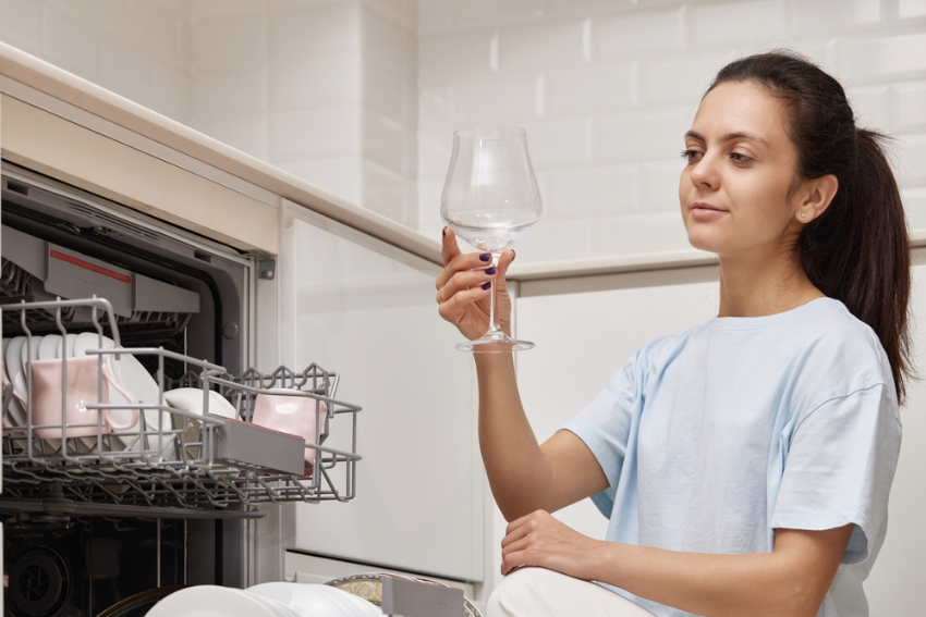 Lady holding a sparkling clean glass from a dishwasher