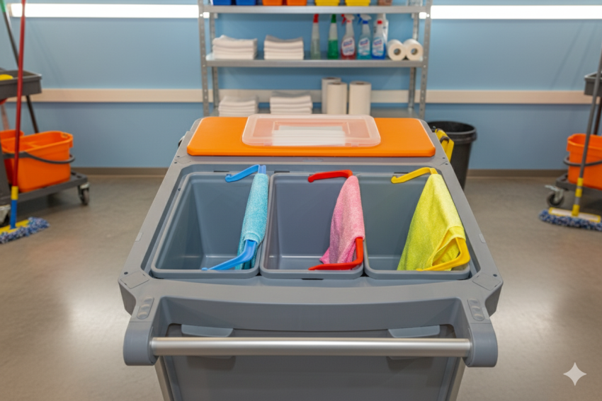Colour coded cleaning cloth on a trolley