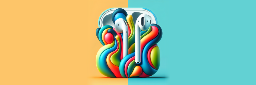 AirPods with blue and yellow background wide