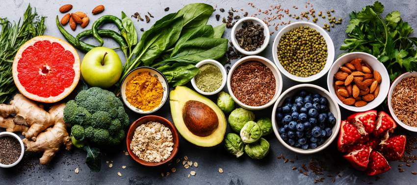 A range on healthy foods on a table