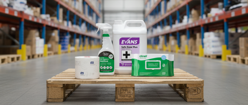 Products on a pallet in a warehouse
