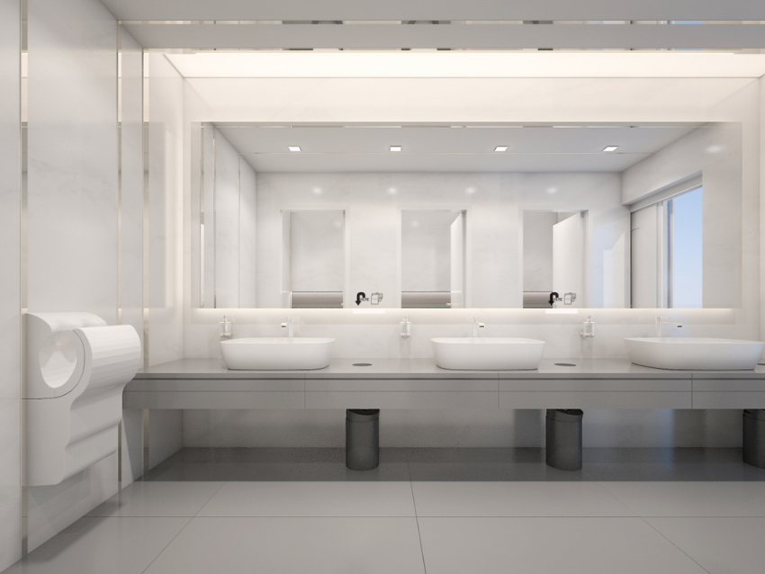 Public toilet sinks and hand dryer