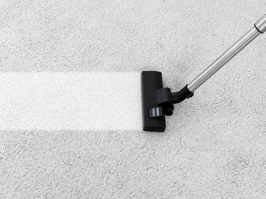 Person vacuuming a dirty carpet