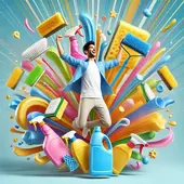 Guy jumping with joy in front of a colourful explosion of cleaning products