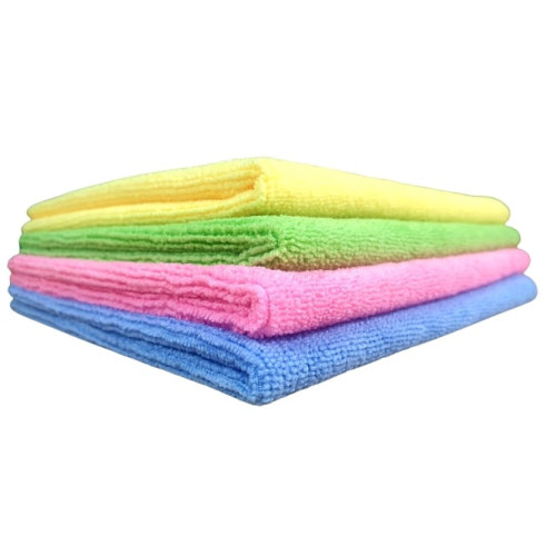A blue, pink, green and yellow pile of micofibre cloths in a pile, each folded twice