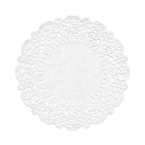 A white 19cm doilie with a sold centre and patterned outer