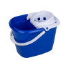 A blue mop bucket with a white wringer