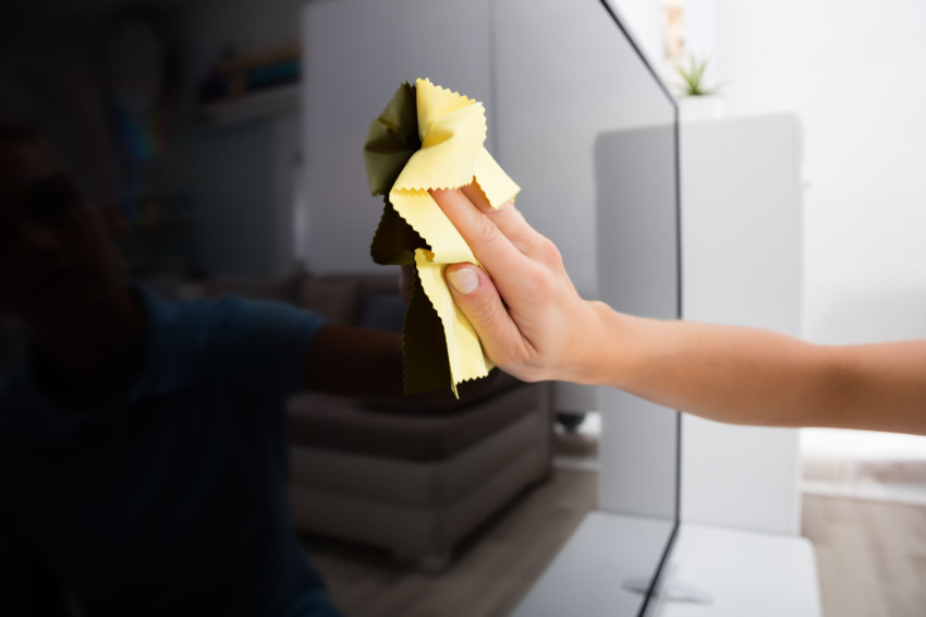 Woman cleaning a TV screen