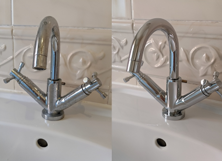 Before and after photograph of taps that have received limescale removal